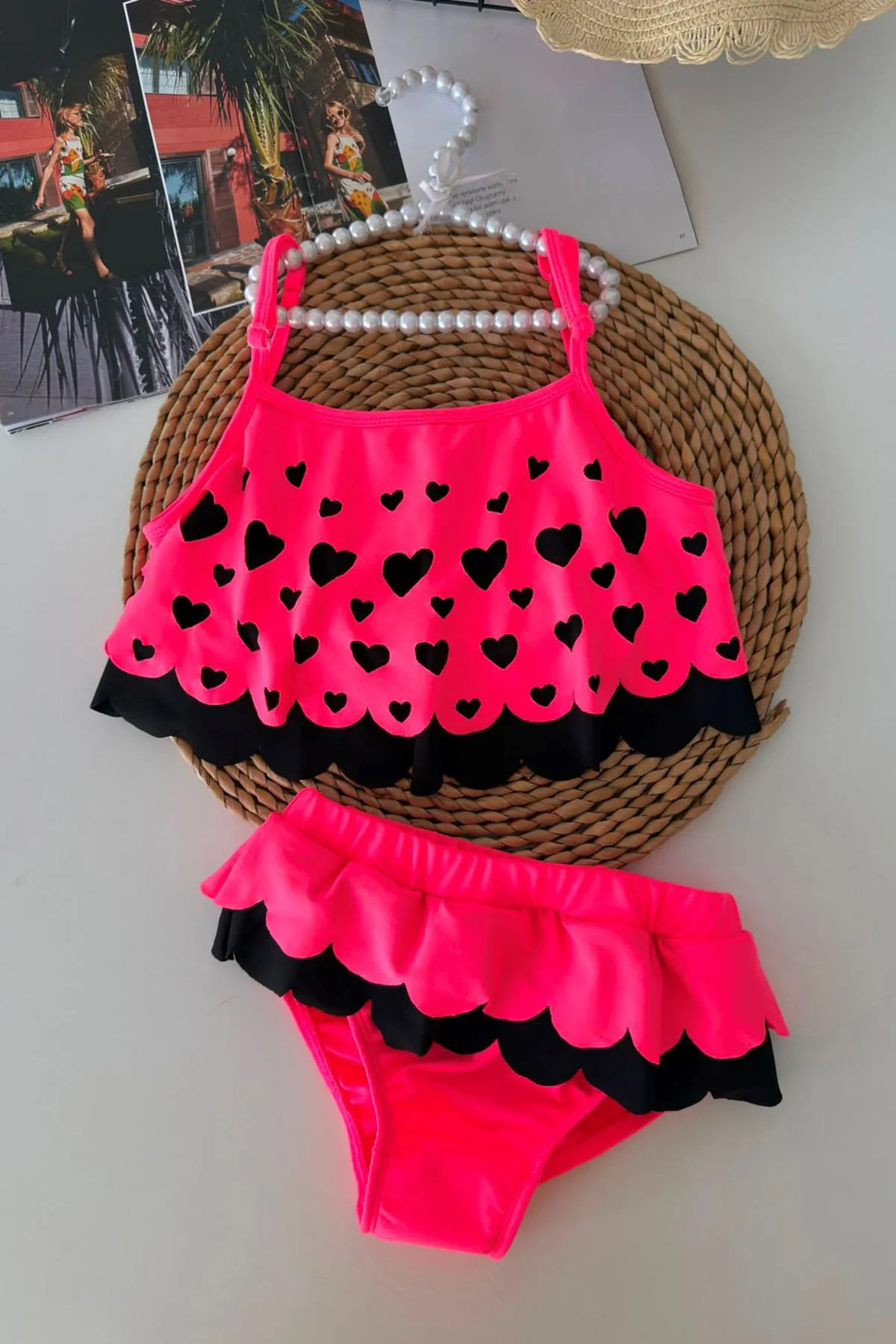 Kalp Desenli Fırfırlı Kız Çocuk Bikini Takımı - Fuşya