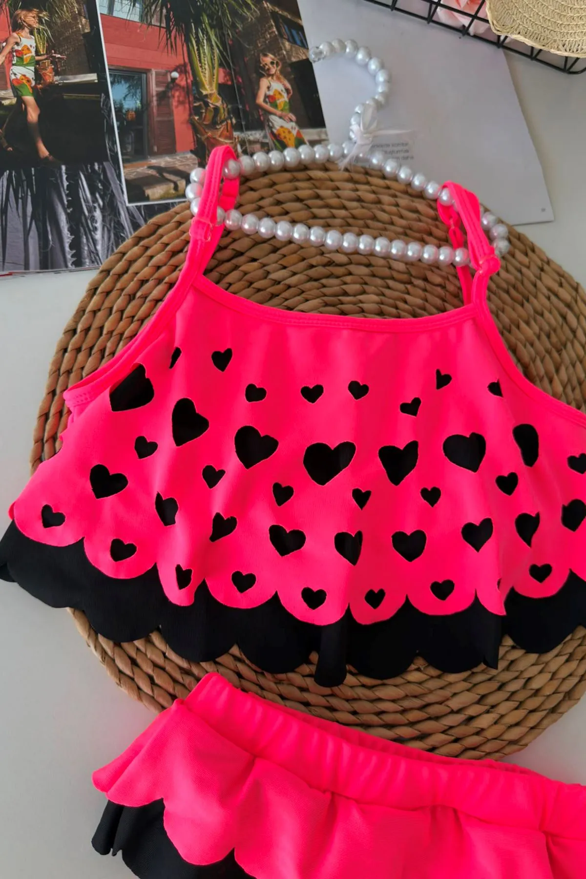 Kalp Desenli Fırfırlı Kız Çocuk Bikini Takımı - Fuşya