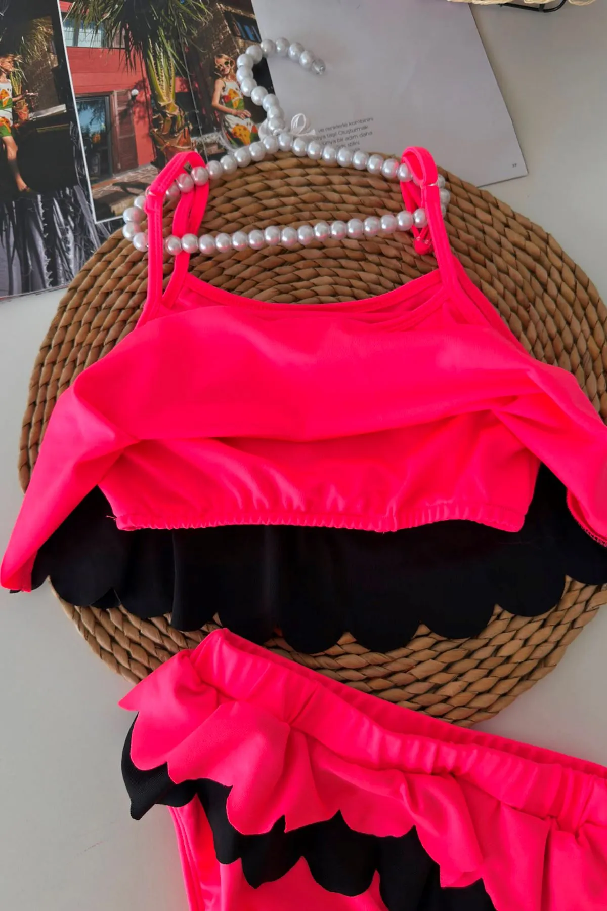Kalp Desenli Fırfırlı Kız Çocuk Bikini Takımı - Fuşya