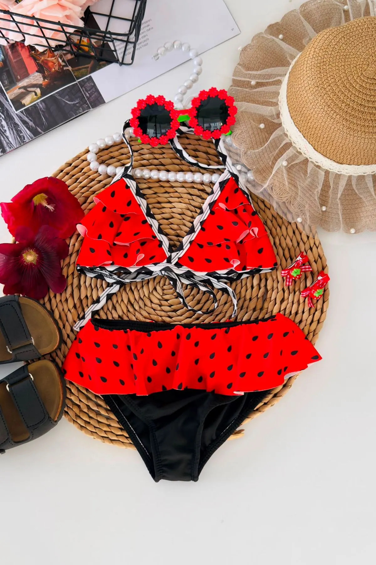 Miniğimin Cicileri Karpuz Desenli Fırfırlı Kız Çocuk Bikini Takımı - Kırmızı