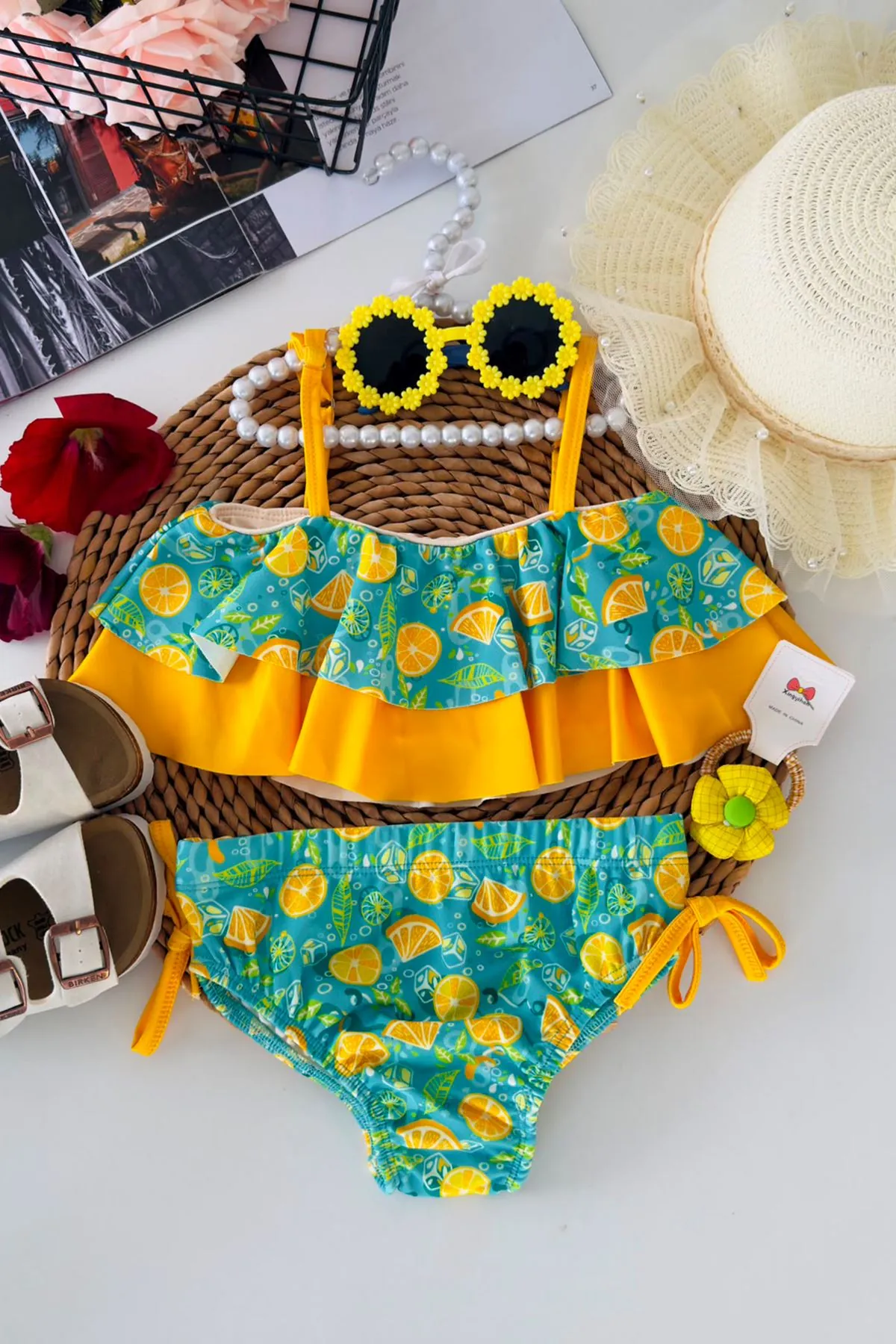 Miniğimin Cicileri Limon Desenli Fırfırlı Kız Çocuk Bikini Takımı - Sarı