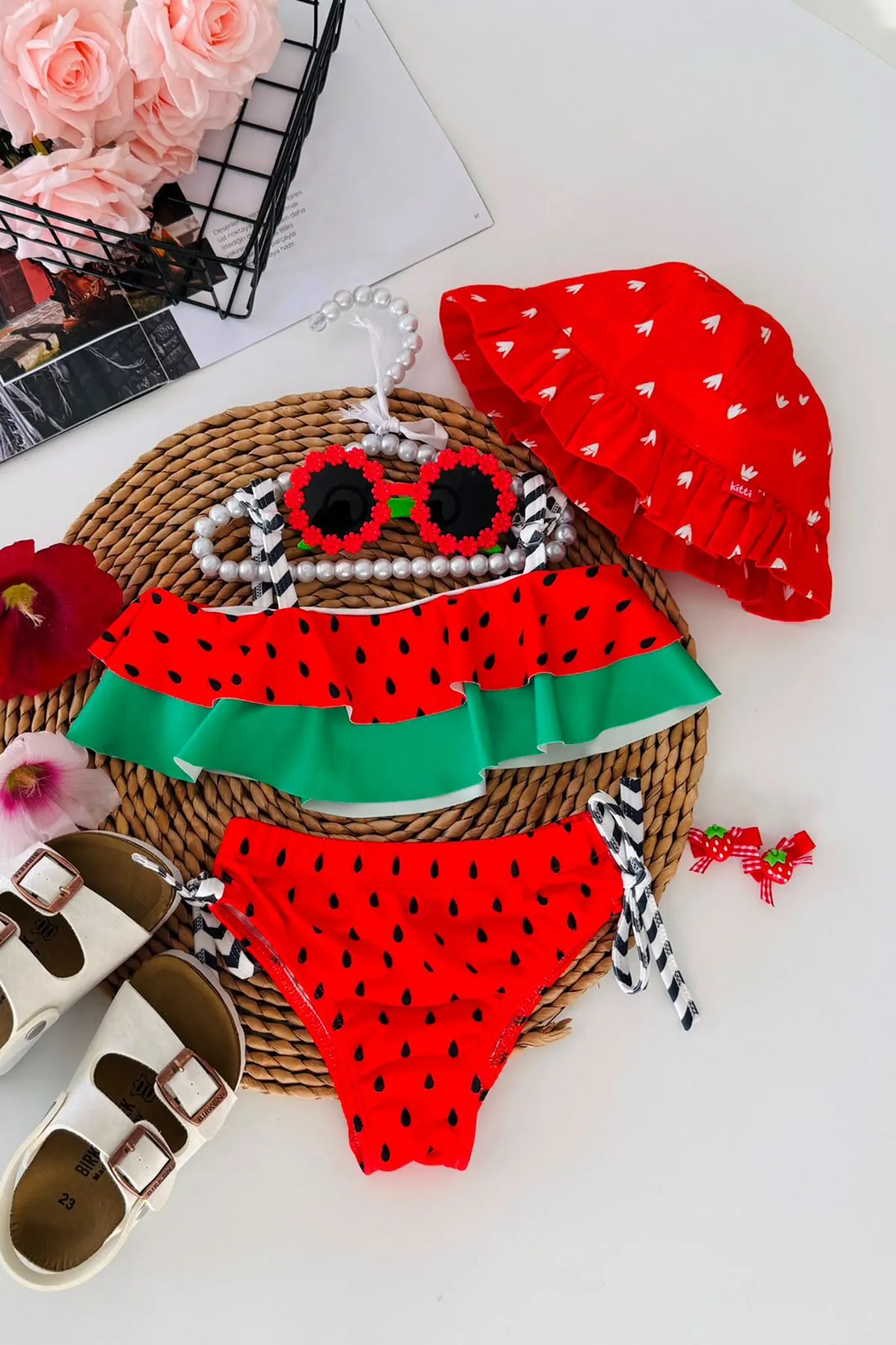 Miniğimin Cicileri Karpuz desenli Kız Çocuk 2 li Mayo Bikini Takımı - Kırmızı