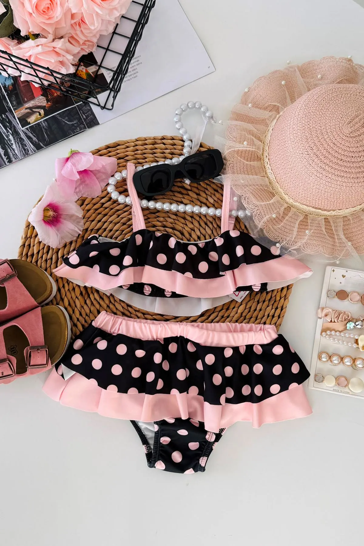Miniğimin Cicileri Puantiyeli Fırfırlı Kız Çocuk Bikini Takımı - Pudra