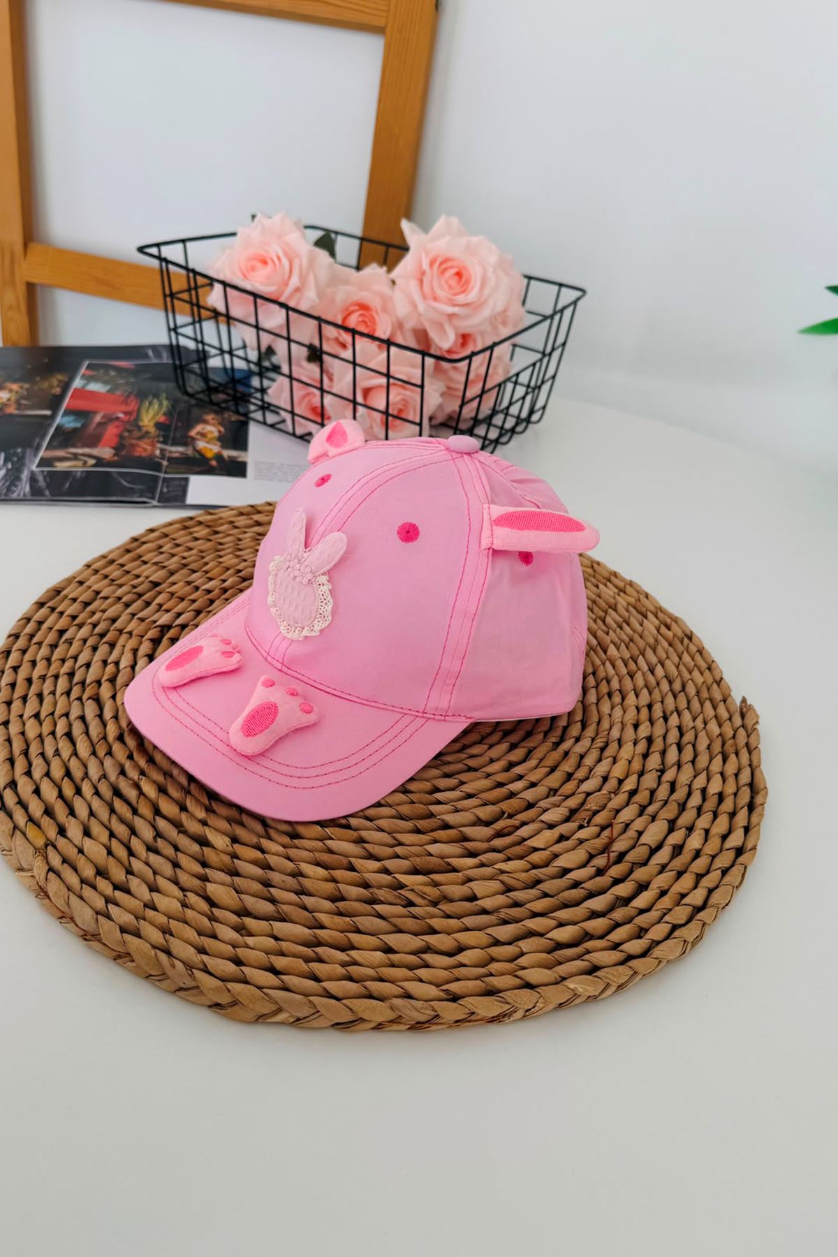1-4 Yaş Tavşan Kulaklı 3D Kız Çocuk Şapkası - Pembe