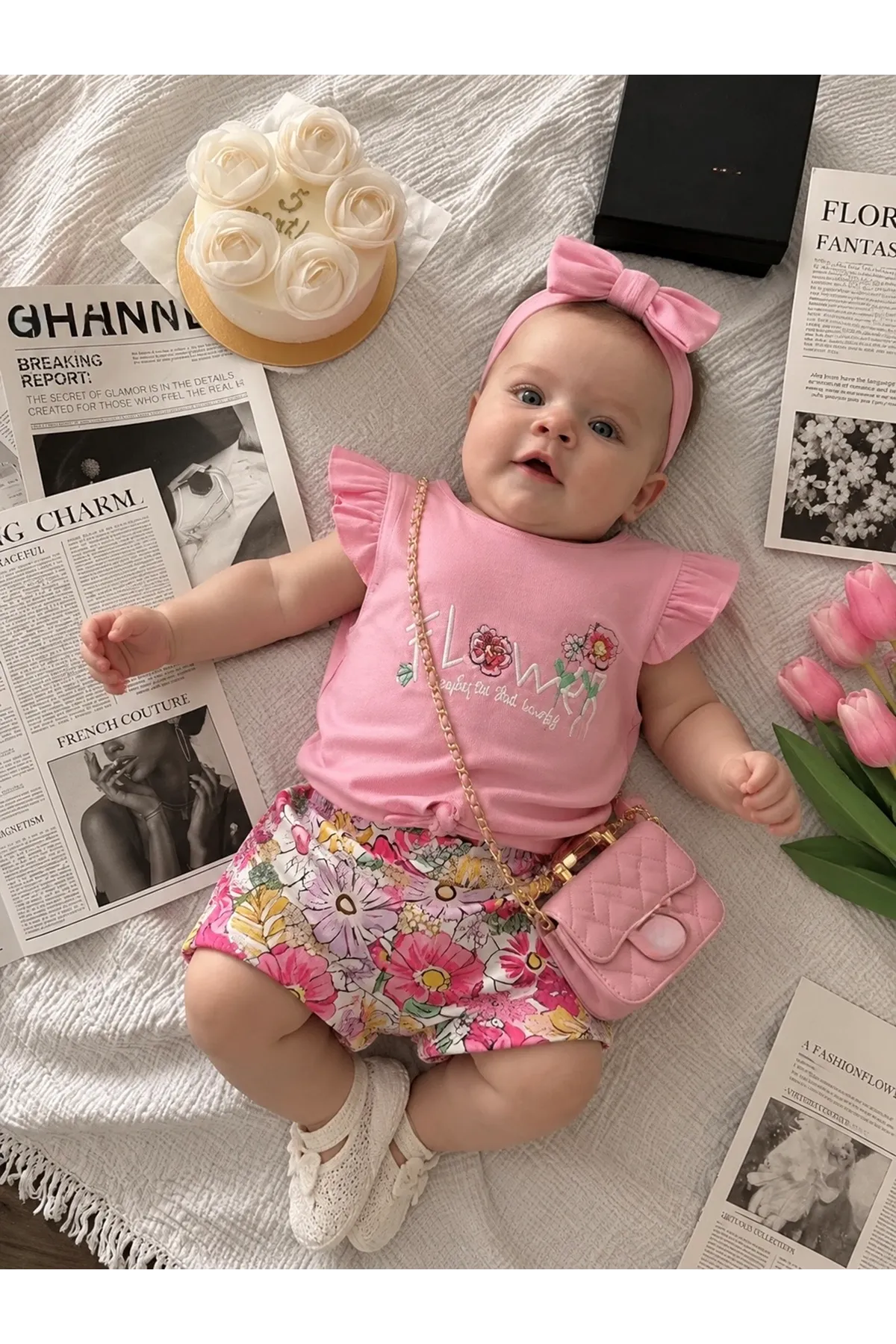 Miniğimin Cicileri Flower Renkli Baskılı Kız Çocuk Şortlu Takım - Pembe