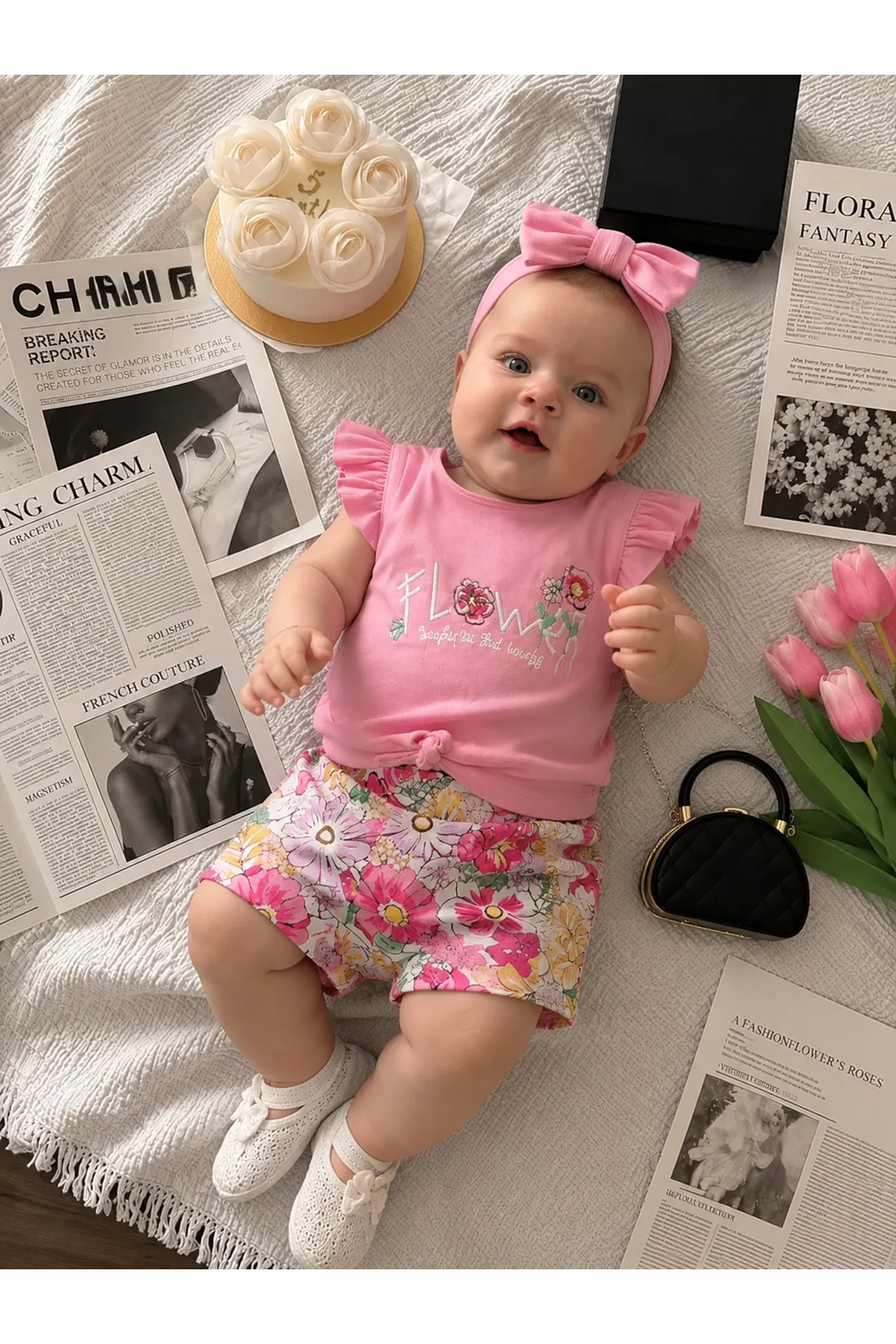 Miniğimin Cicileri Flower Renkli Baskılı Kız Çocuk Şortlu Takım - Pembe