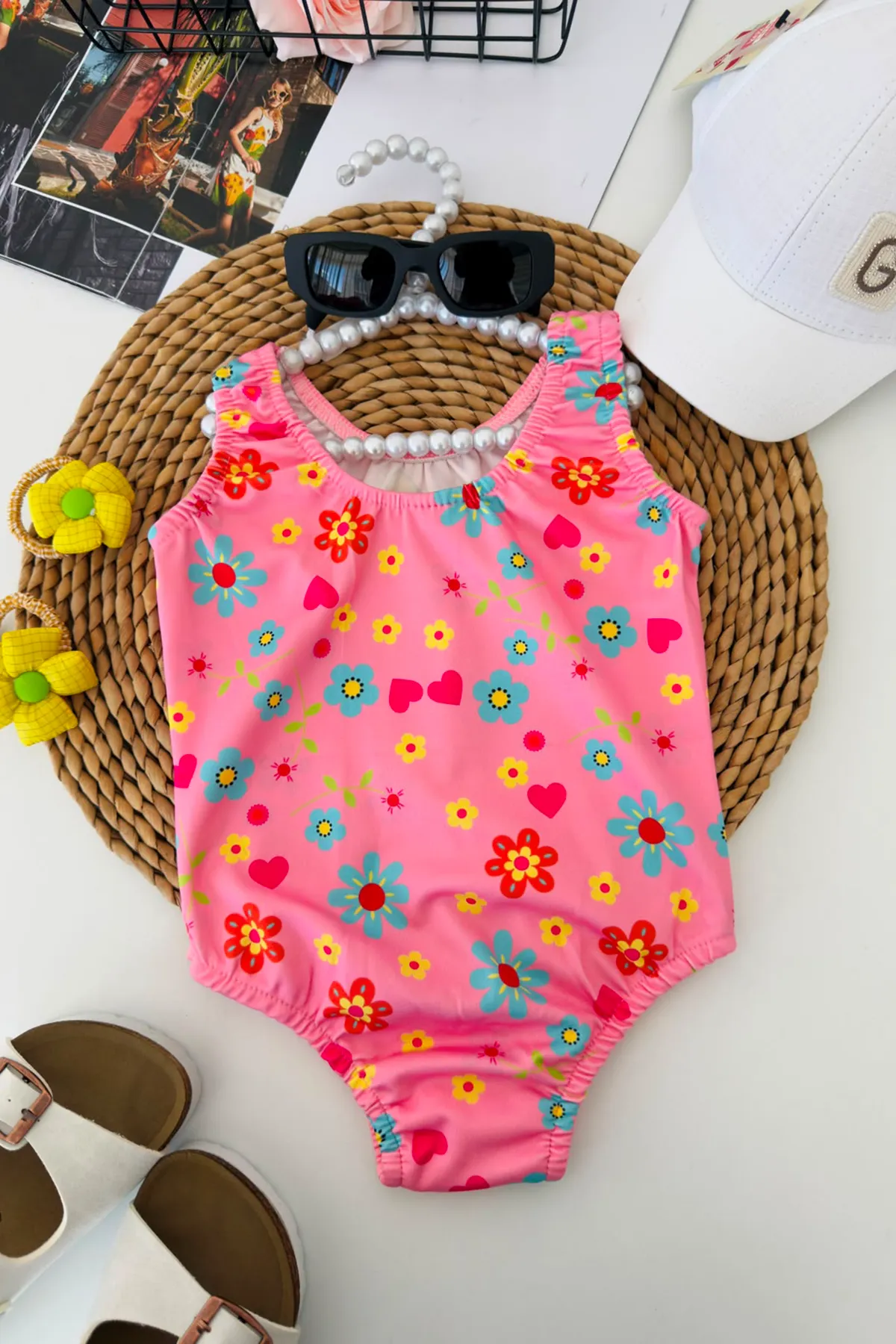 Mnn Mini Çiçek Baskılı Kız Çocuk Mayo - Pembe