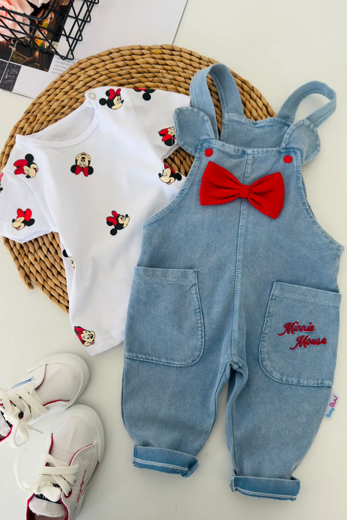 Mnn Baskı Fiyonk Detaylı Kız Bebek Salopetli Takım - Açık Mavi