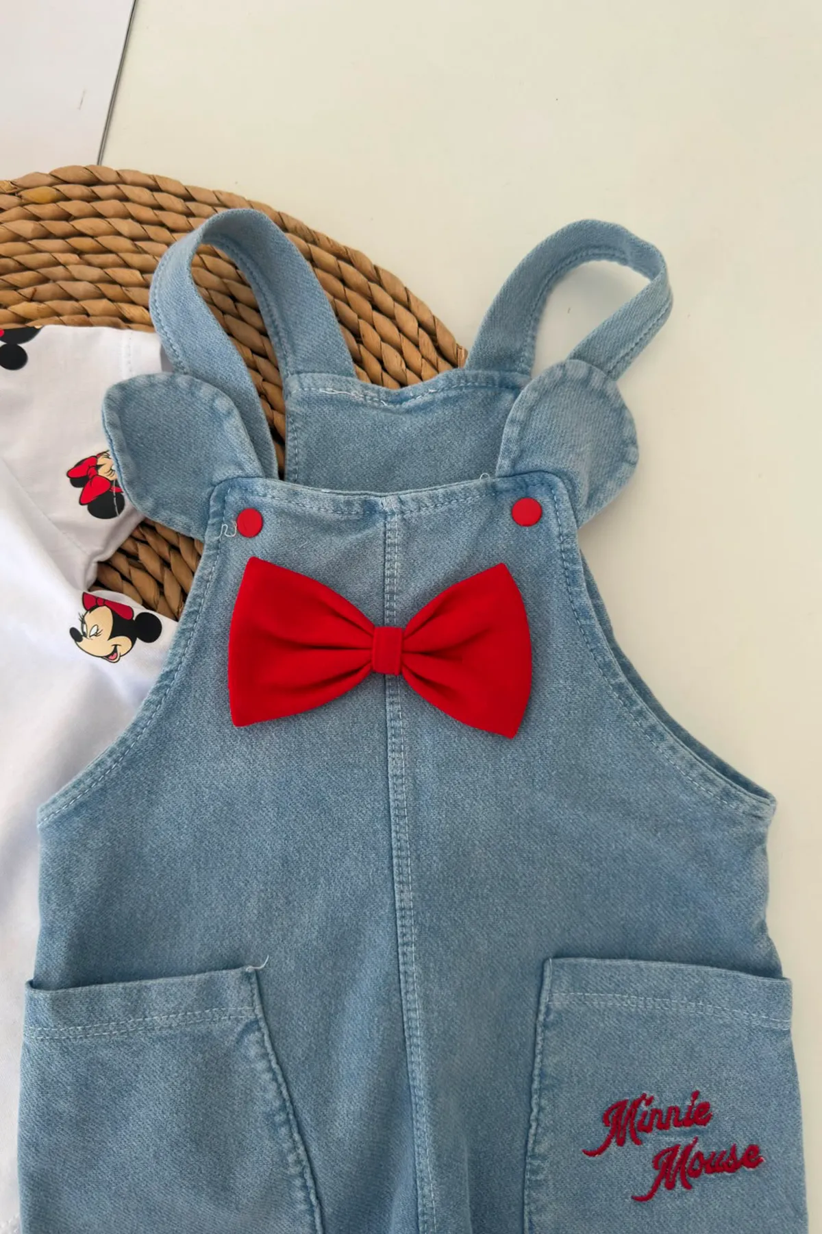 Mnn Baskı Fiyonk Detaylı Kız Bebek Salopetli Takım - Açık Mavi
