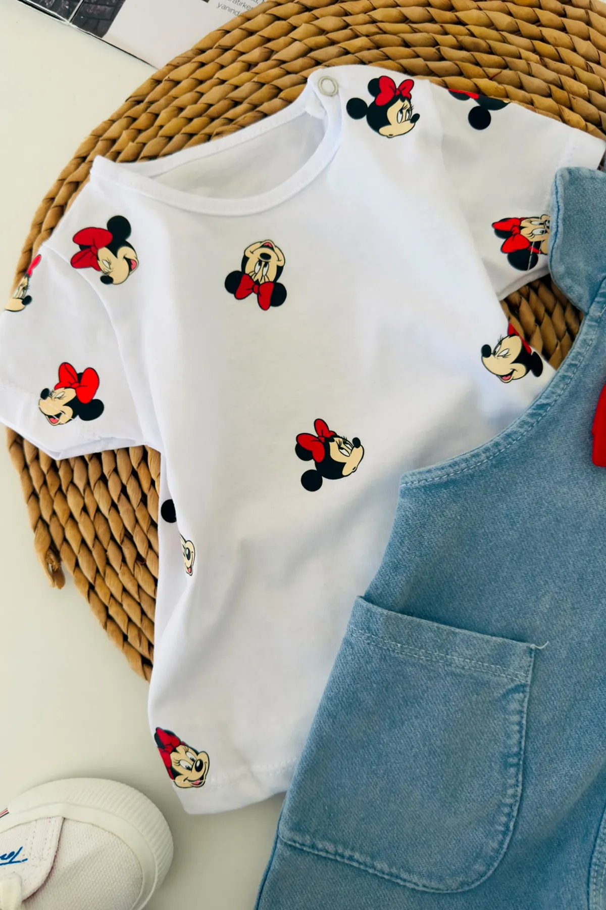 Mnn Baskı Fiyonk Detaylı Kız Bebek Salopetli Takım - Açık Mavi
