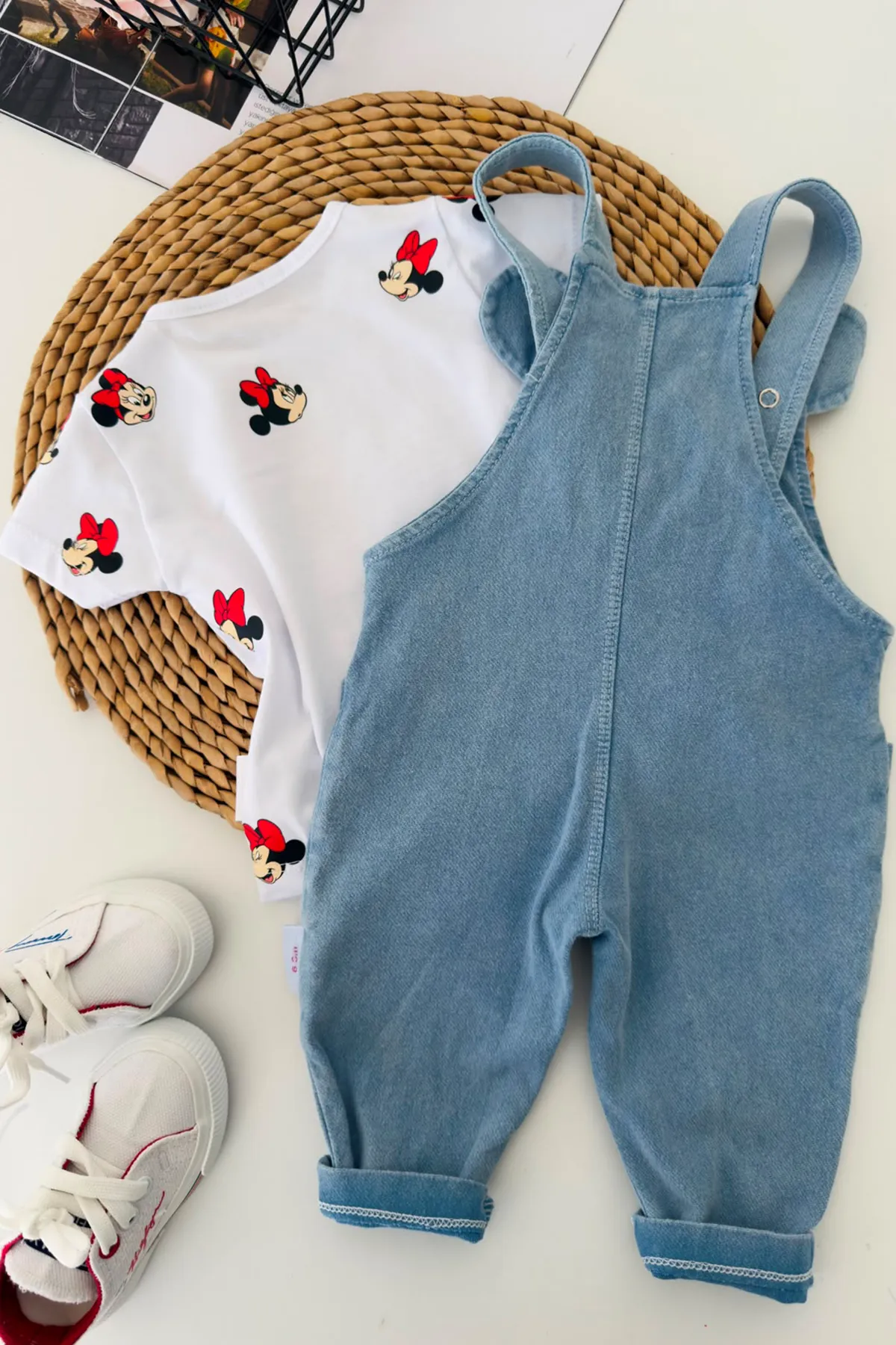 Mnn Baskı Fiyonk Detaylı Kız Bebek Salopetli Takım - Açık Mavi