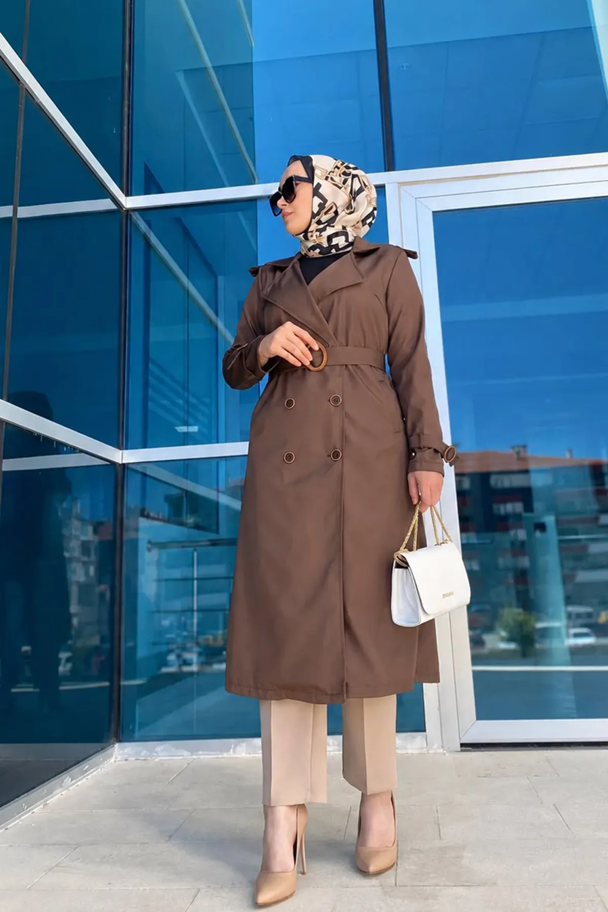 Kuruvaze Yaka , Düğmeli Bondip Kumaş Trençkot - Kahve