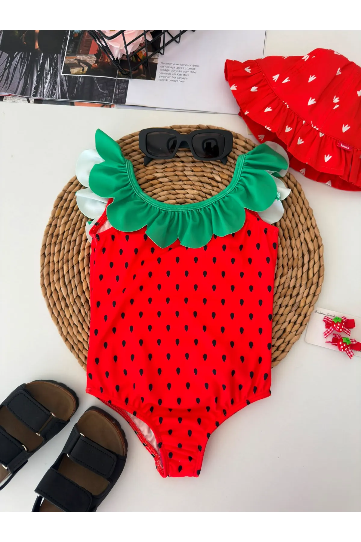 Miniğimin Cicileri Karpuz Desenli Fırfırlı Kız Çocuk Mayo - Kırmızı