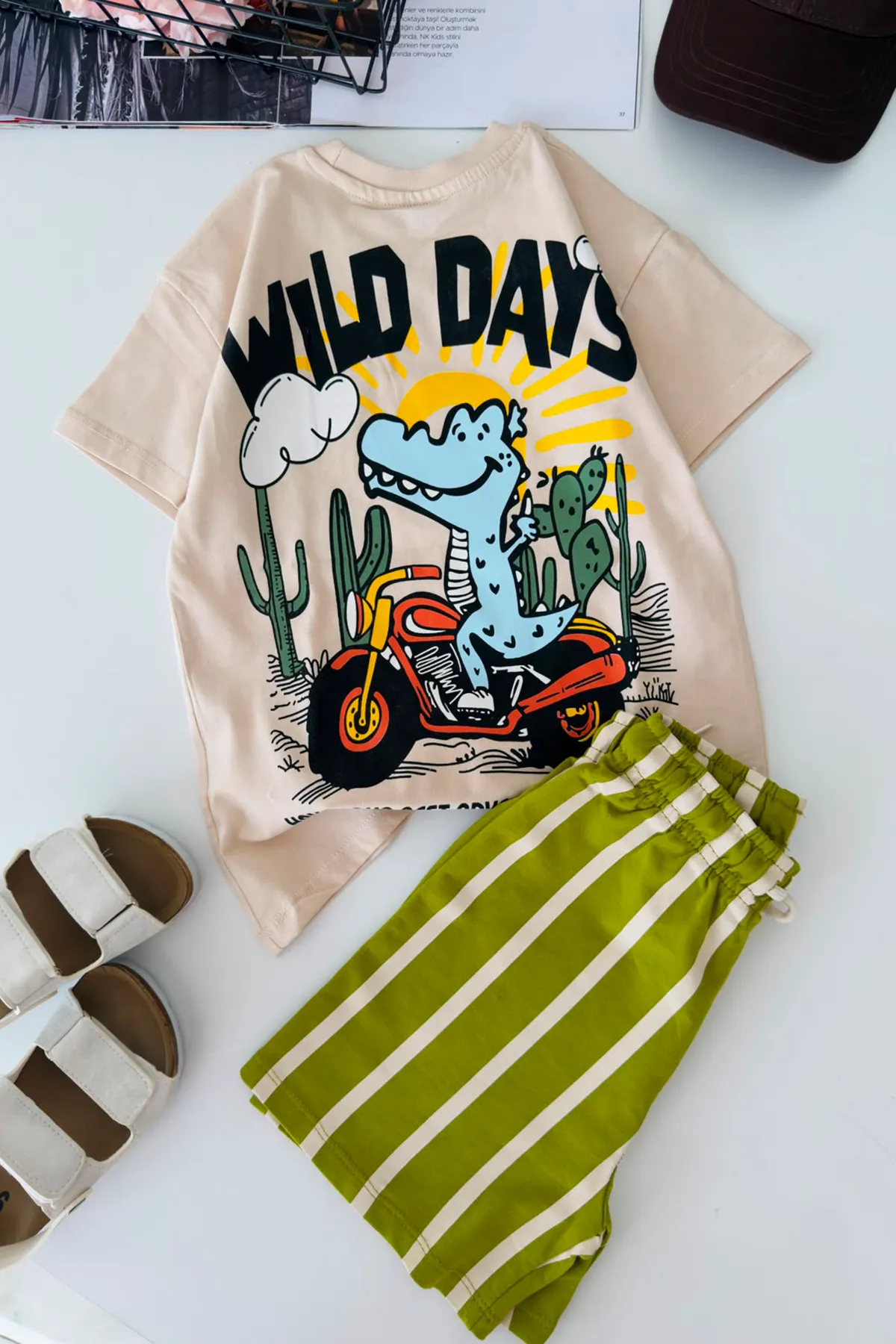 Wild Day Dino Baskılı Çizgili Erkek Çocuk Şort Takım - Yeşil
