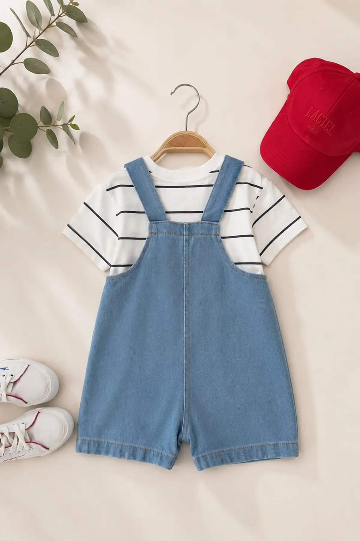 Çizgili Örme Salopetli Erkek Bebek 2 li takım - Açık Mavi