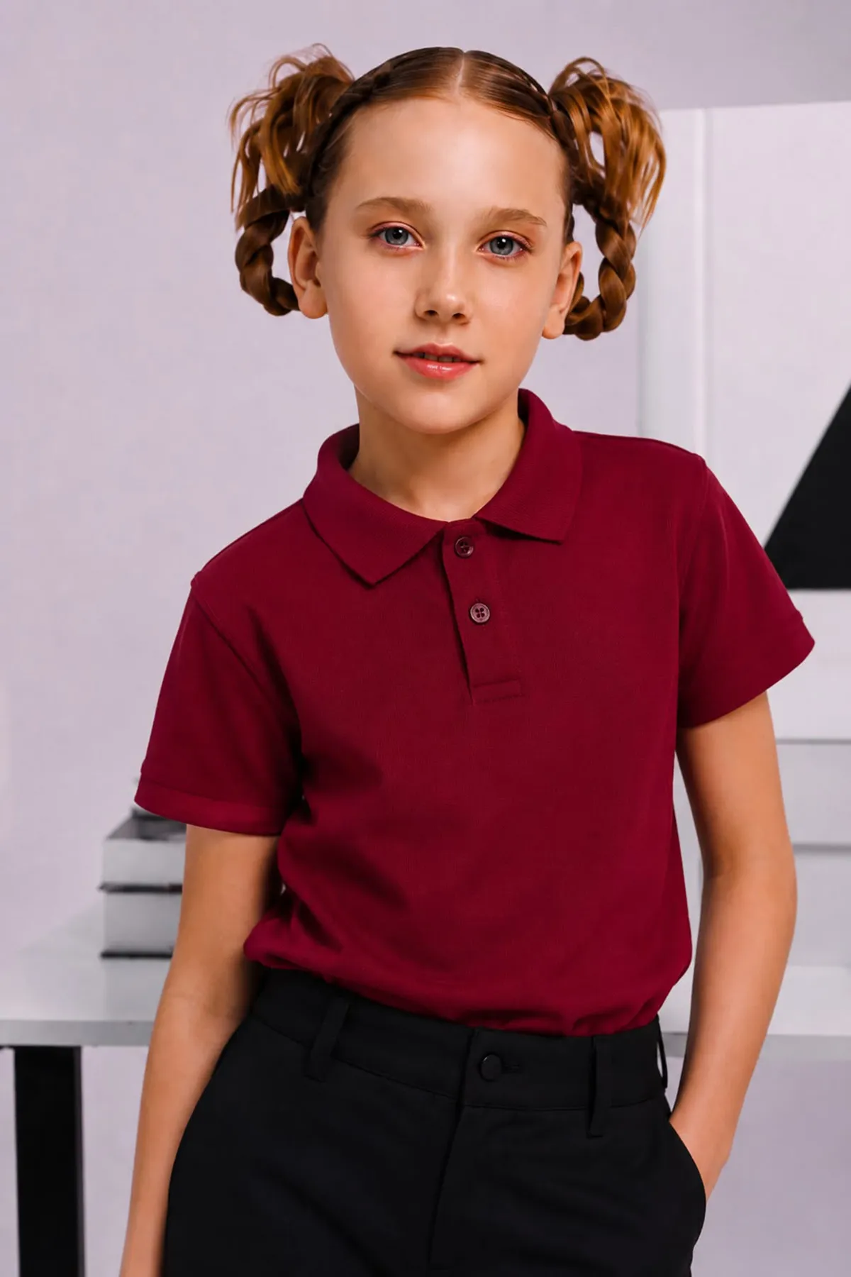 Polo Yaka Kısa Kol Unisex Çocuk Okul Tşörtü - Bordo