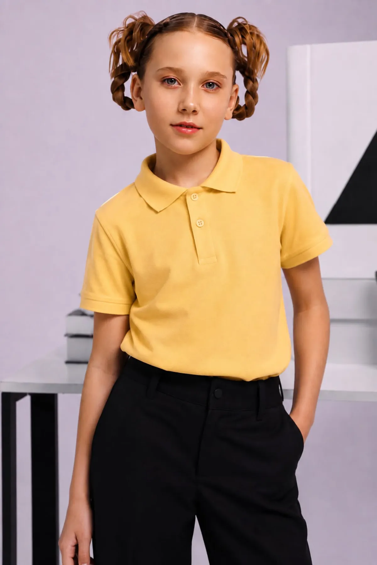 Polo Yaka Kısa Kol Unisex Çocuk Okul Tşörtü - Sarı