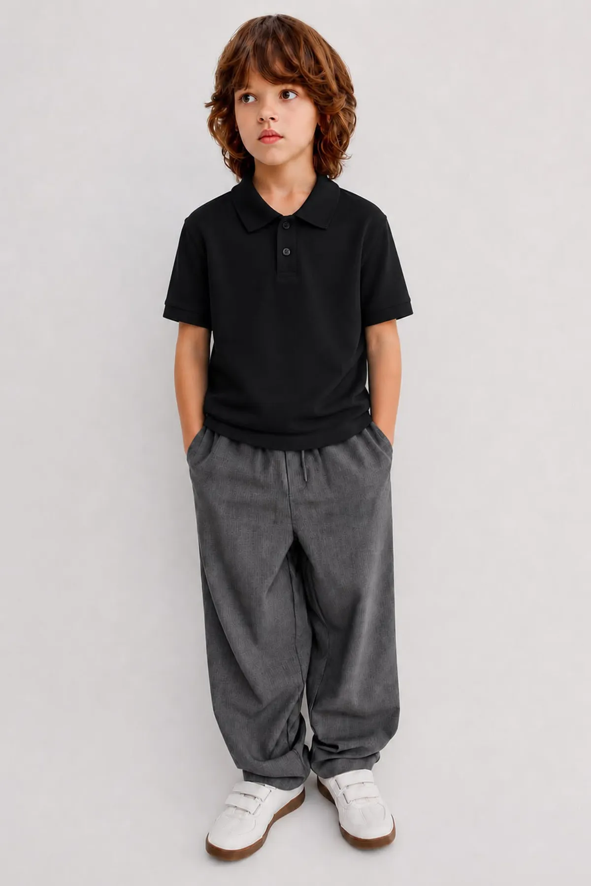Polo Yaka Kısa Kol Unisex Çocuk Okul Tşörtü - Siyah