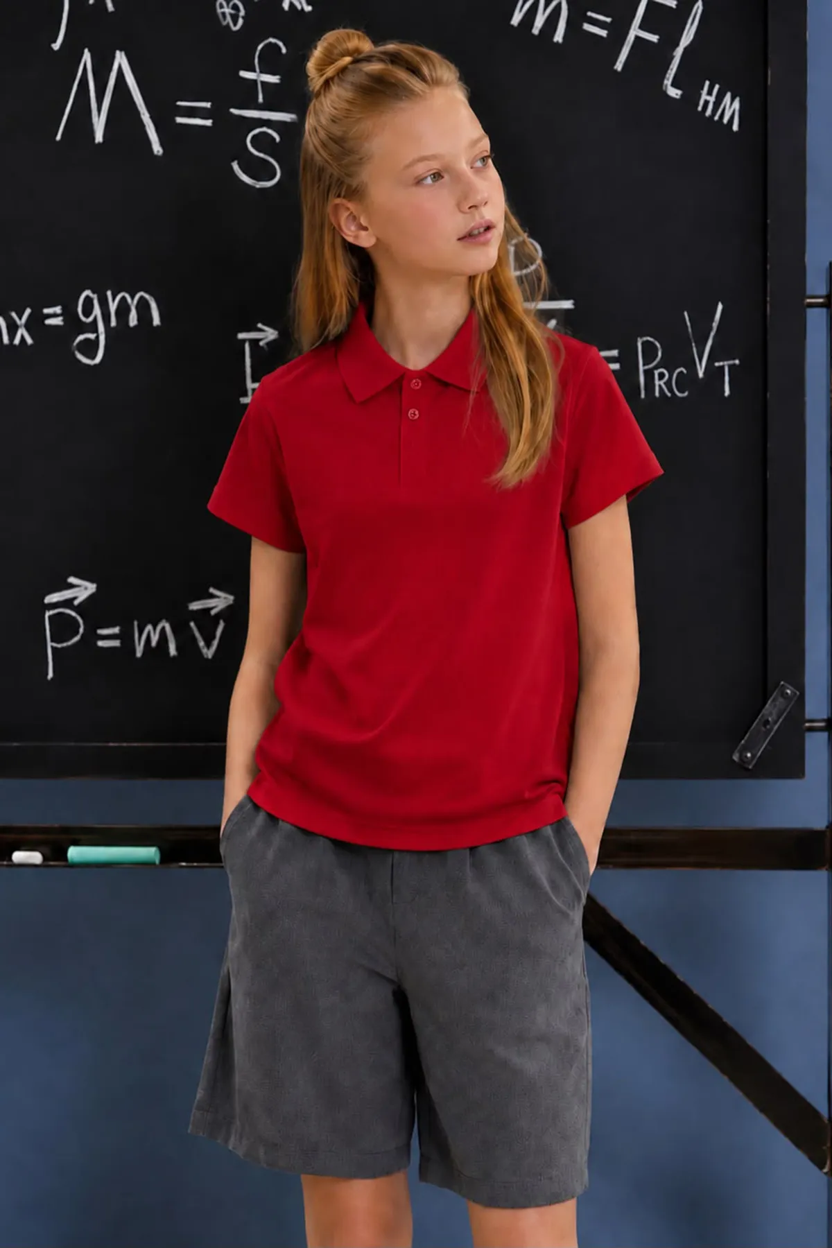 Polo Yaka Kısa Kol Unisex Çocuk Okul Tşörtü - Kırmızı
