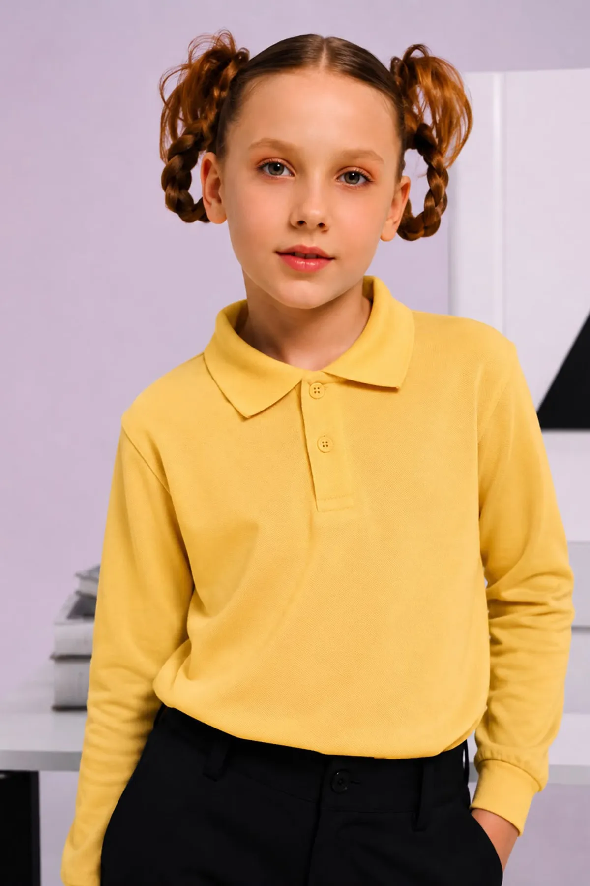 Polo Yaka Uzun Kol Unisex Okul Sweati - Sarı