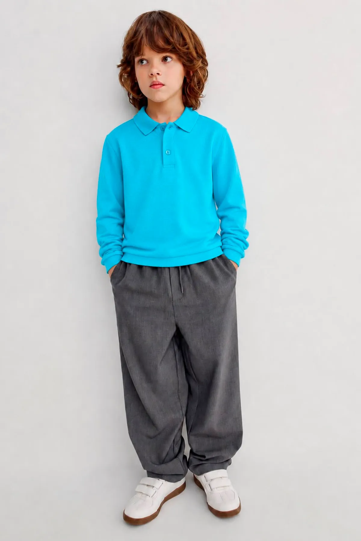 Polo Yaka Uzun Kol Unisex Okul Sweati - Turkuaz