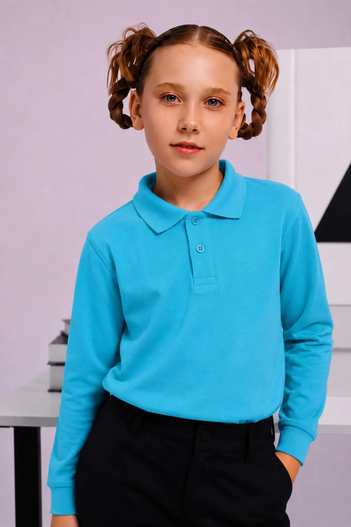 Polo Yaka Uzun Kol Unisex Okul Sweati - Turkuaz