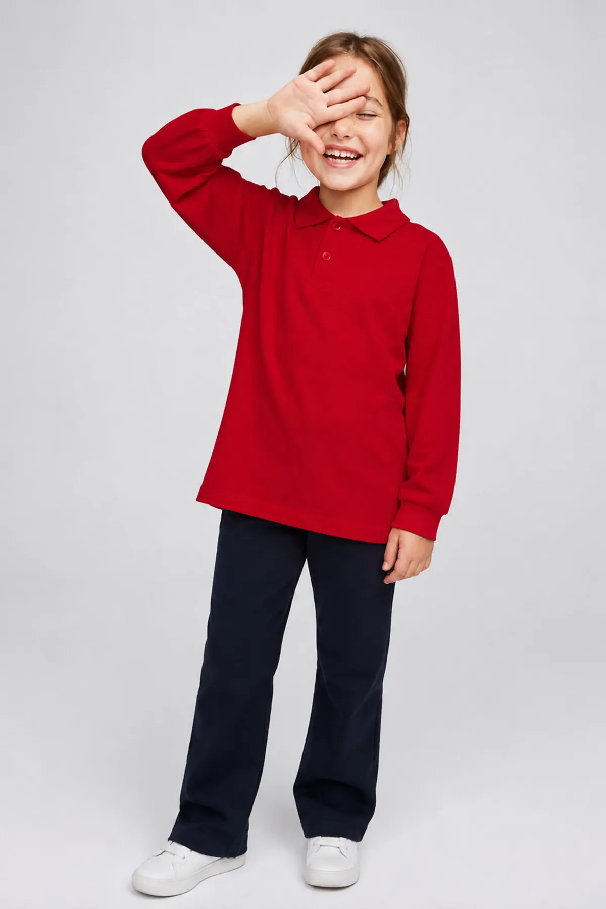 Polo Yaka Uzun Kol Unisex Okul Sweati - Kırmızı