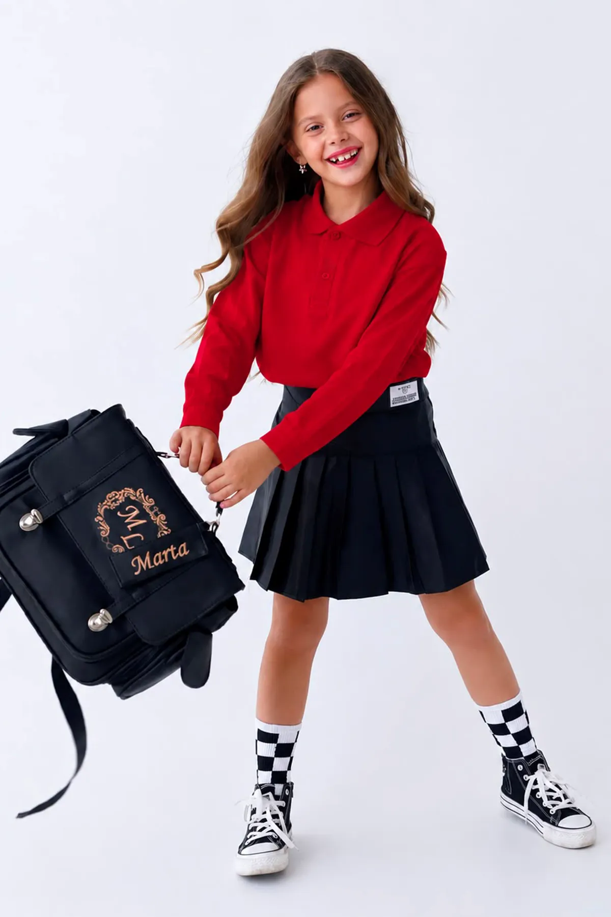 Polo Yaka Uzun Kol Unisex Okul Sweati - Kırmızı