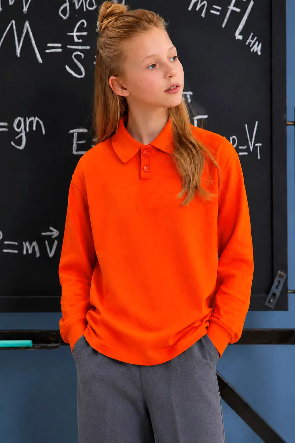 Polo Yaka Uzun Kol Unisex Okul Sweati - Turuncu