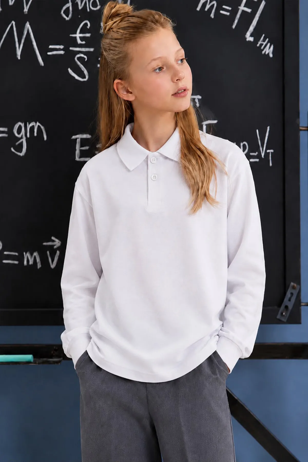 Polo Yaka Uzun Kol Unisex Okul Sweati - Beyaz