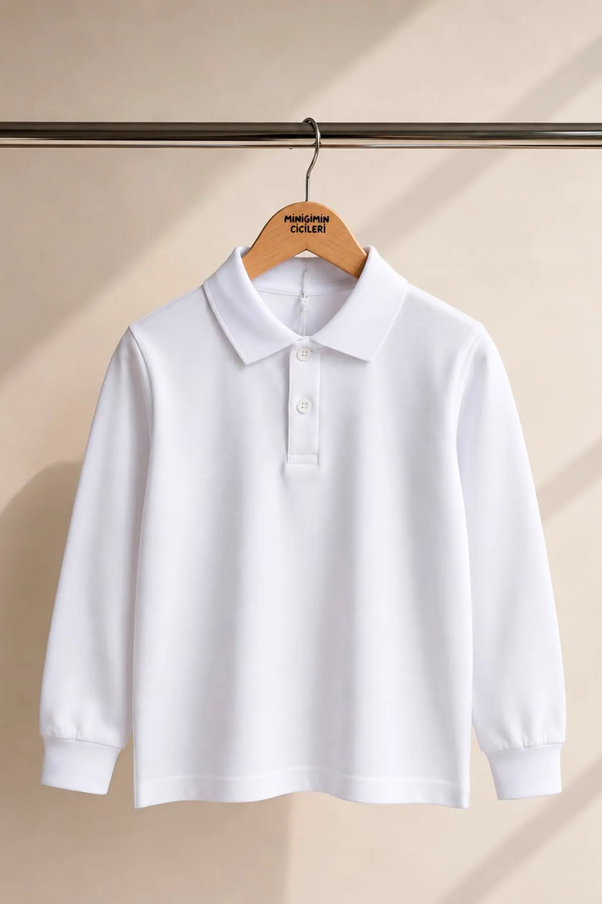 Polo Yaka Uzun Kol Unisex Okul Sweati - Beyaz