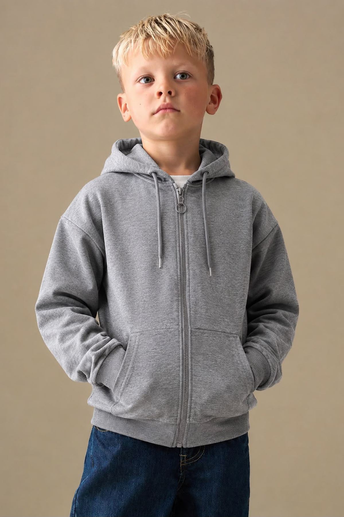 Basic Kapüşonlu Fermuarlı Unisex Çocuk Okul Hırka - Açık Gri
