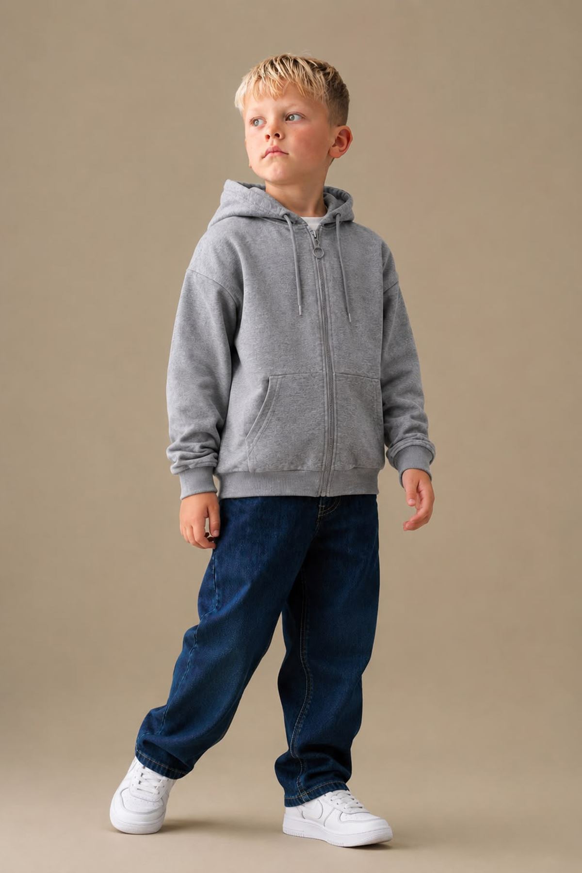 Basic Kapüşonlu Fermuarlı Unisex Çocuk Okul Hırka - Açık Gri