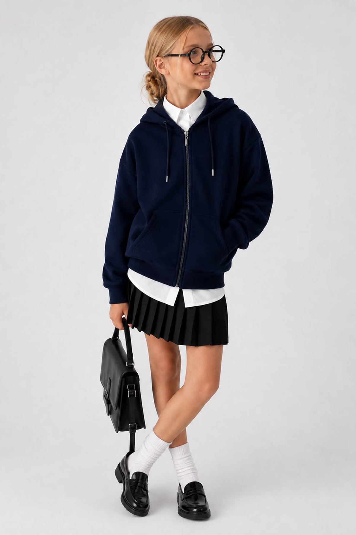 Basic Kapüşonlu Fermuarlı Unisex Çocuk Okul Hırka - Lacivert