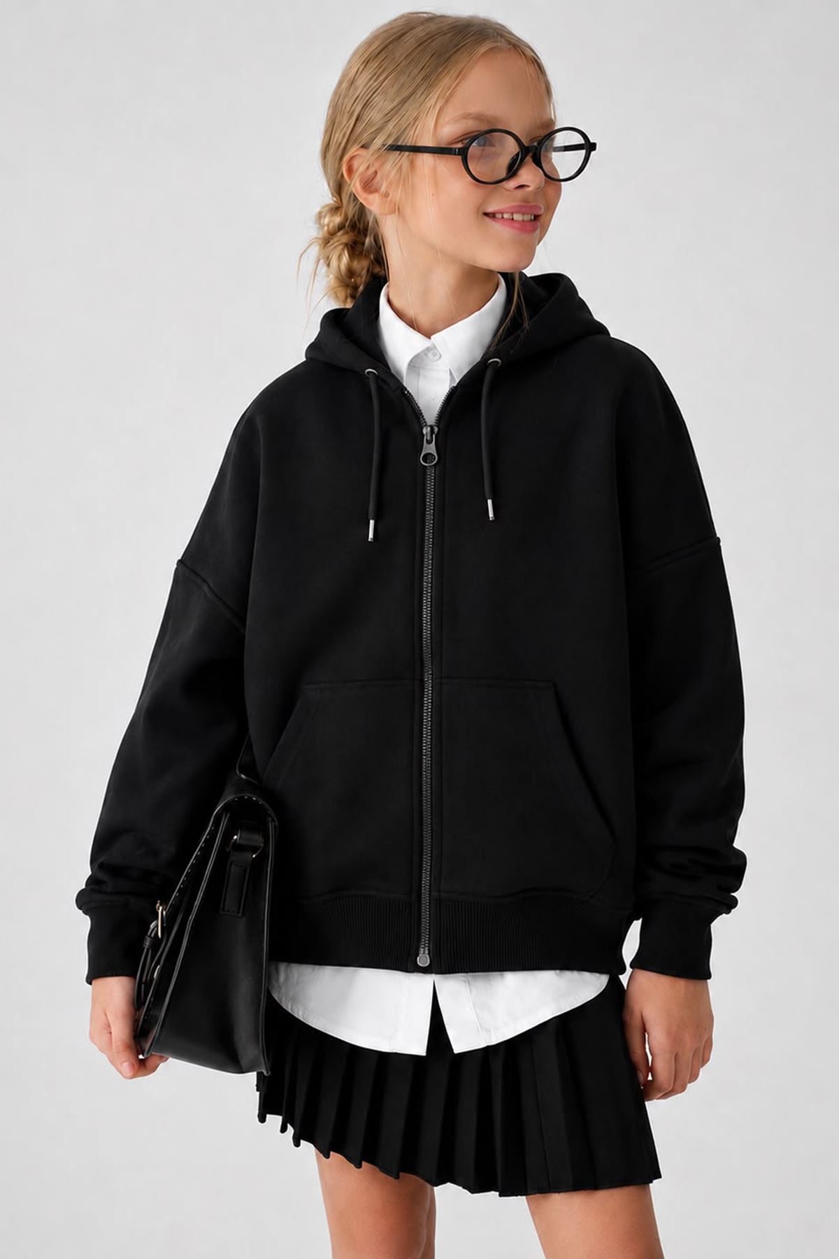 Basic Kapüşonlu Fermuarlı Unisex Çocuk Okul Hırka - Siyah