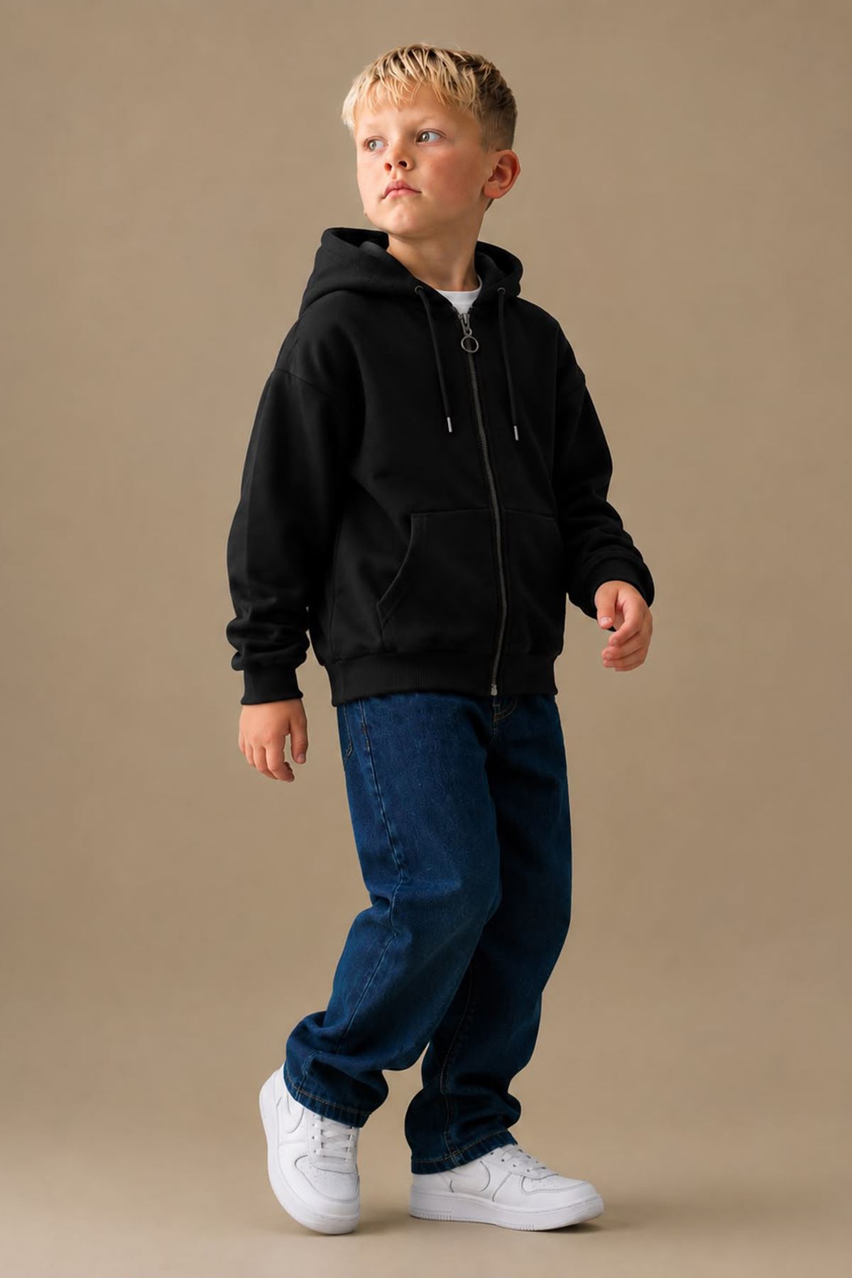 Basic Kapüşonlu Fermuarlı Unisex Çocuk Okul Hırka - Siyah