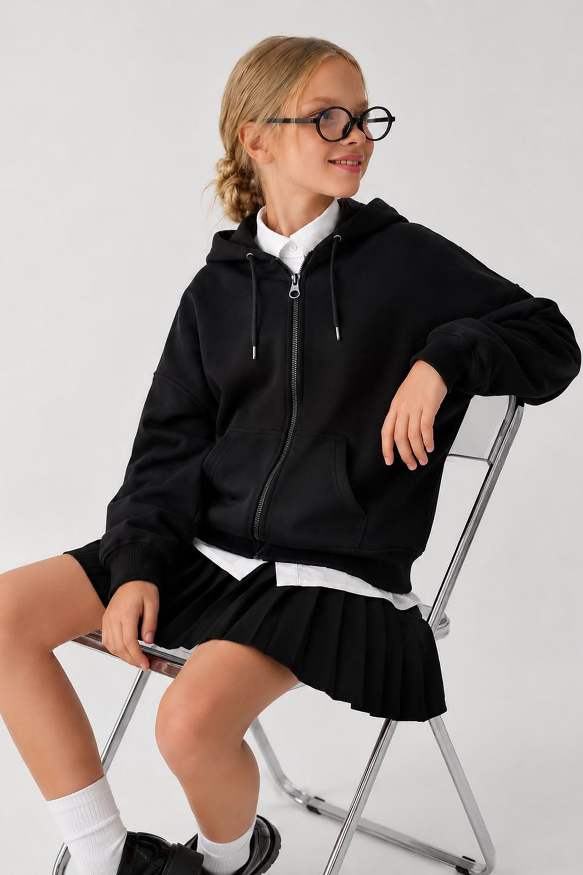 Basic Kapüşonlu Fermuarlı Unisex Çocuk Okul Hırka - Siyah