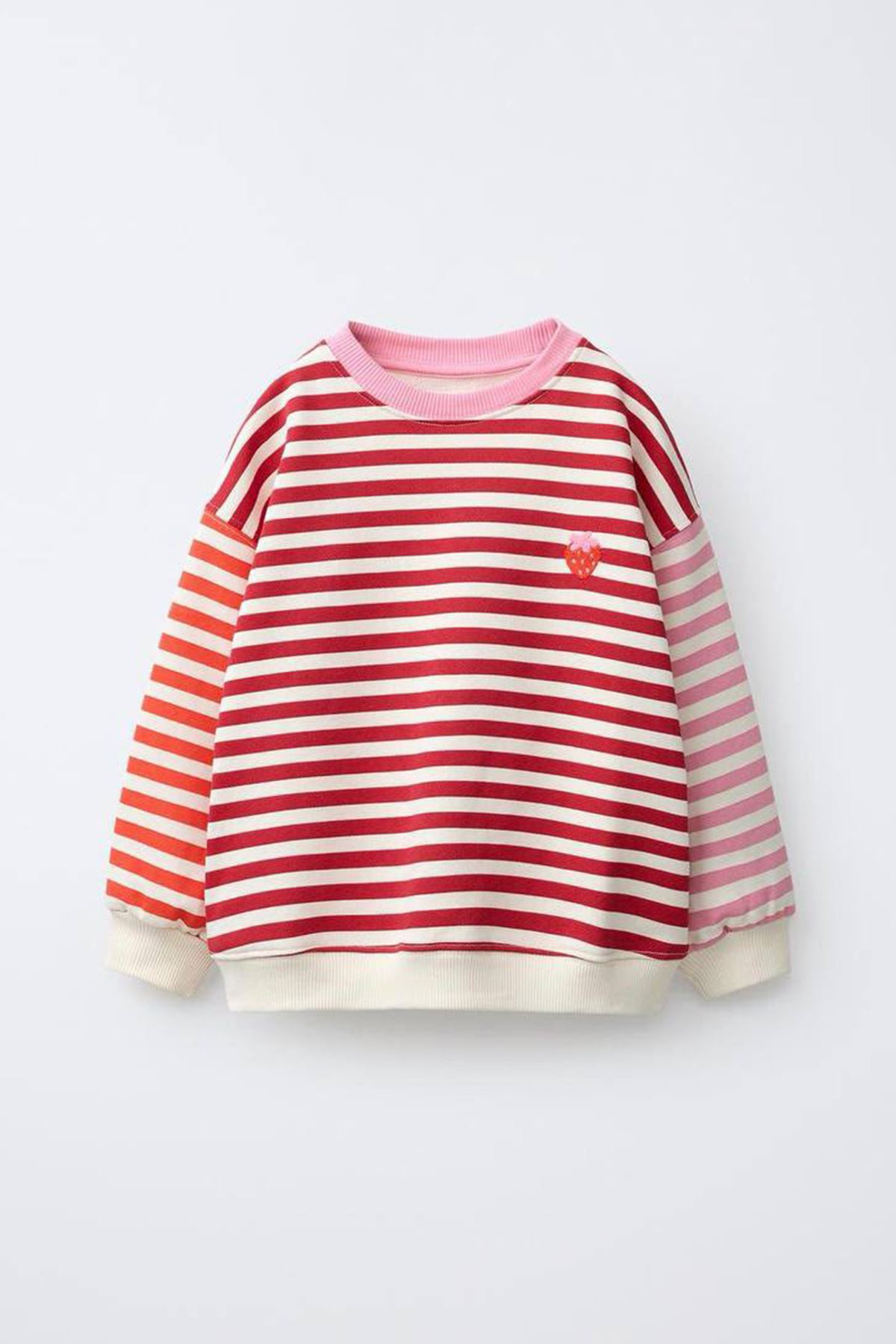 Çizgili Çilek Nakışlı Oversize Kız Çocuk Sweatshirt - Kırmızı