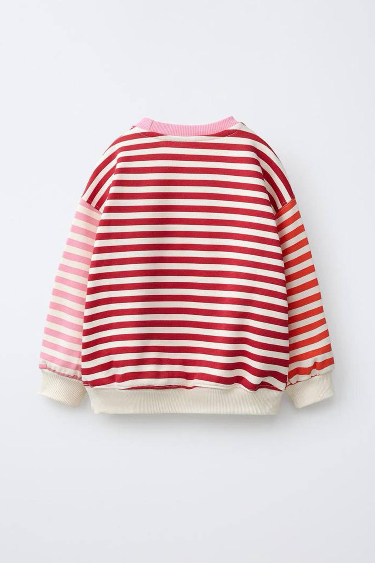 Çizgili Çilek Nakışlı Oversize Kız Çocuk Sweatshirt - Kırmızı