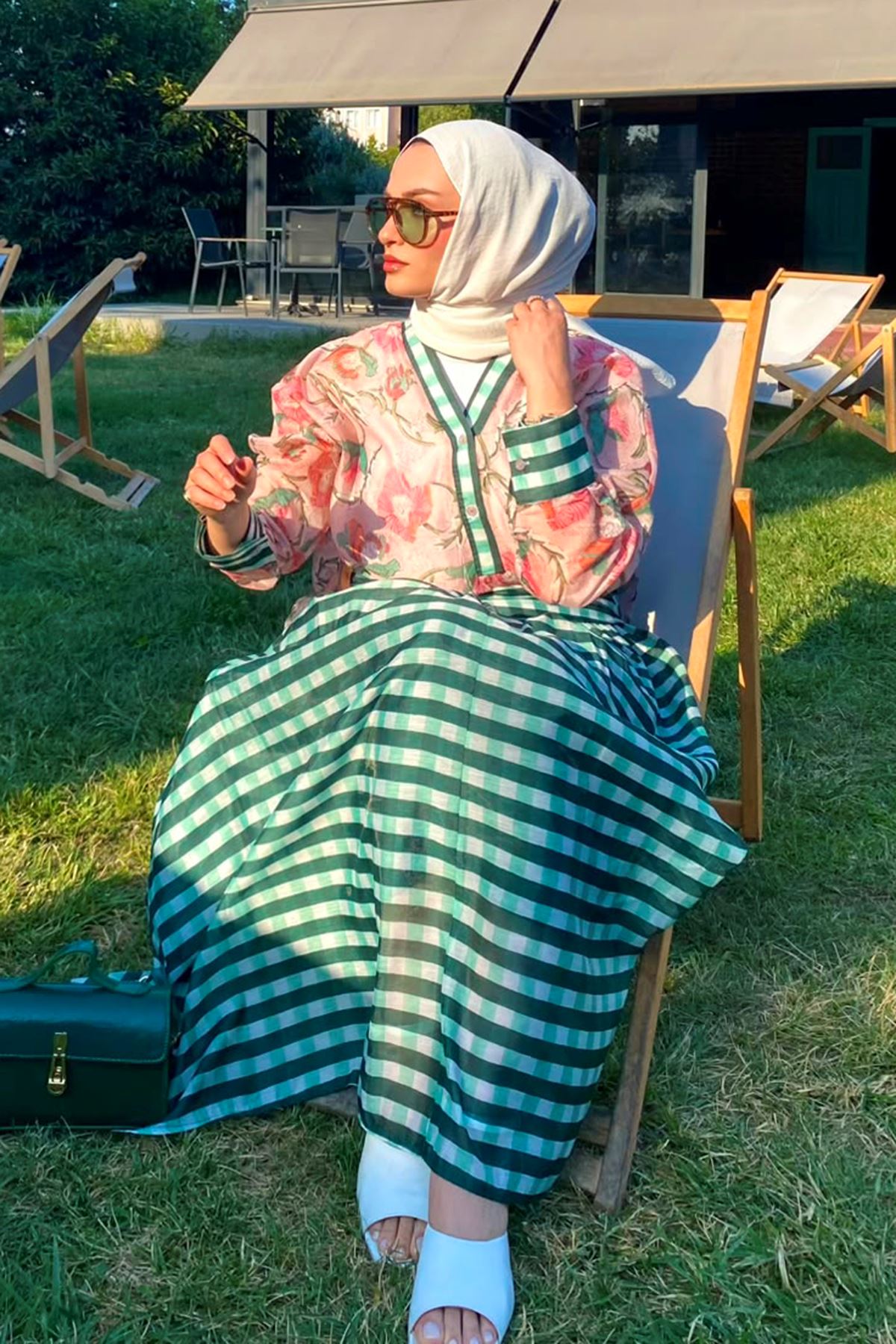 Ekose Desenli Etekli Kadın Gömlekli Takım - Yeşil