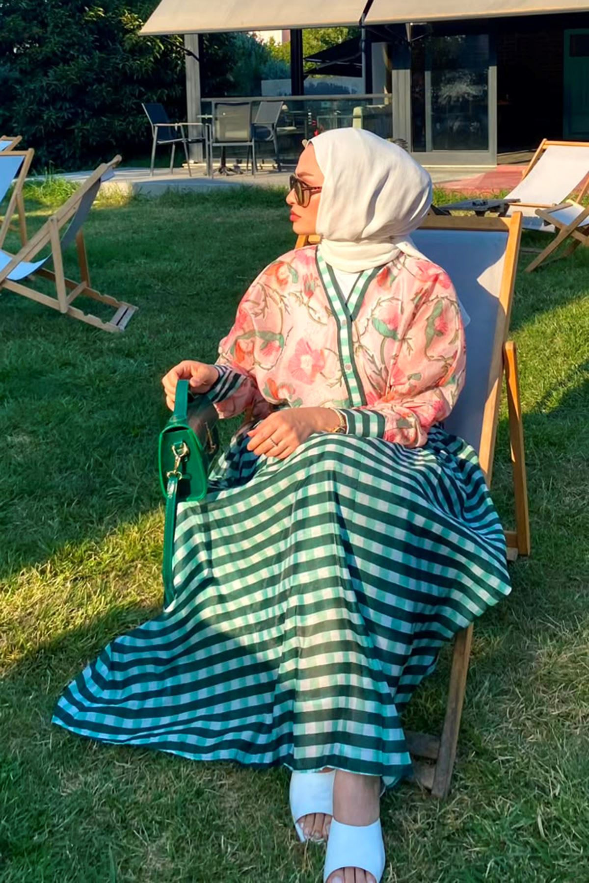 Ekose Desenli Etekli Kadın Gömlekli Takım - Yeşil