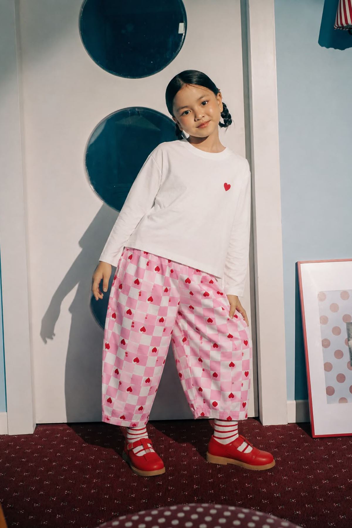 Balon Pantolonlu Kalp Baskılı Mevsimlik Owersize Kız Çocuk 2 li Takım - Pembe