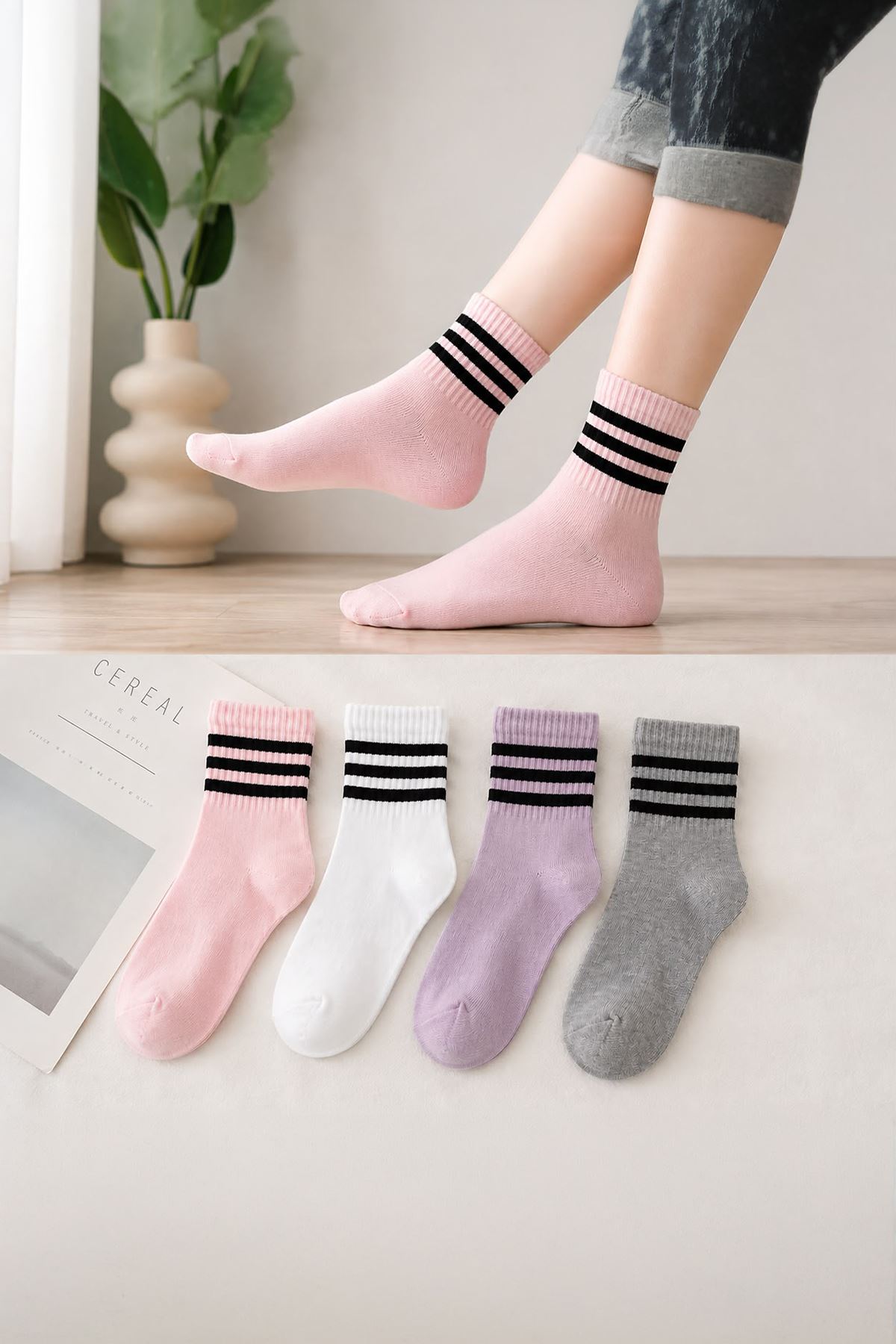 Çizgi Detaylı Unisex Çocuk 4’lü Soket Çorap Seti - Karışık