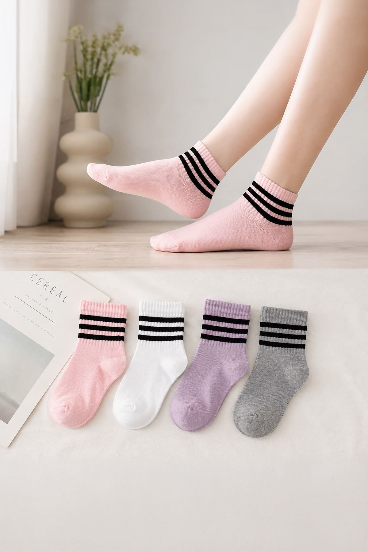 Çizgi Detaylı Unisex Çocuk 4’lü Soket Çorap Seti - Karışık