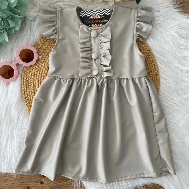 Miniğimin Cicileri Düğme Fırfır Detaylı Deri Elbise yeşil