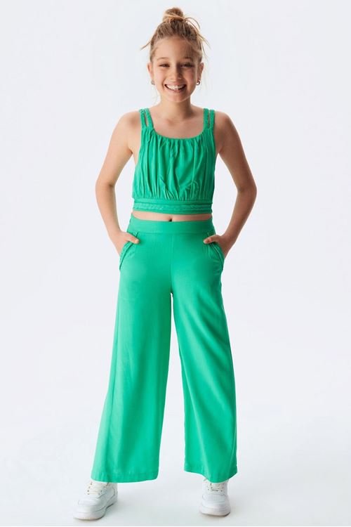 8-14 Yaş Örgü desen Kız Çocuk Pantolonlu Takım - yeşil