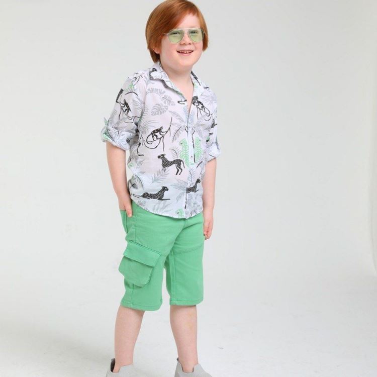 Minigimin Cicileri Safari desenli erkek çocuk kol katlamalı gömlek - yeşil