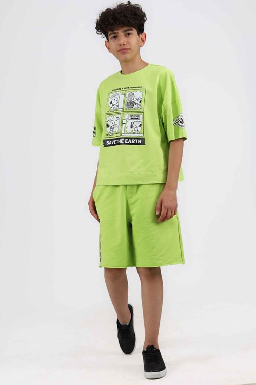 Yeşil Oversize Bisiklet Yaka Kısa Kollu Baskılı Şortlu  Erkek Çocuk Takım