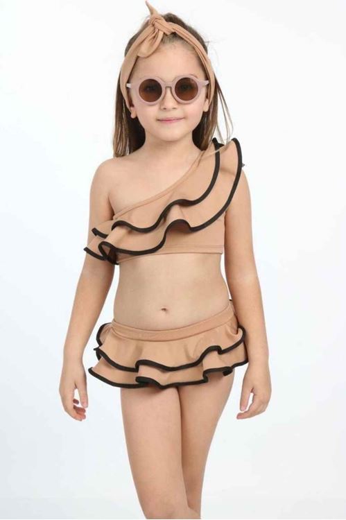 Miniğimin Cicileri Volanlı Kız Çocuk Bikini -Kahve