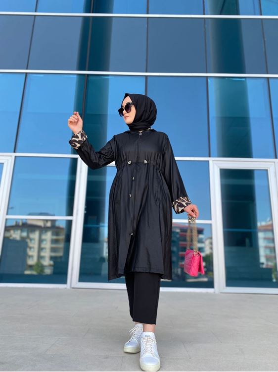 Deri Leopar Detaylı Trençkot